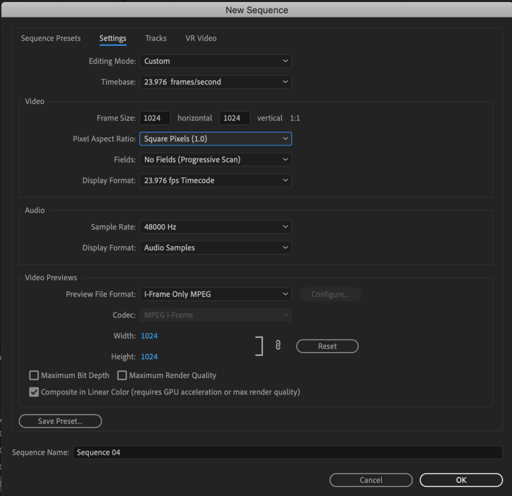 Screenshot of premier pro configuration